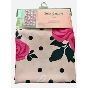 New Juicy Couture Pink White Floral Roses Fabric Shower Curtain Hooks 70x72